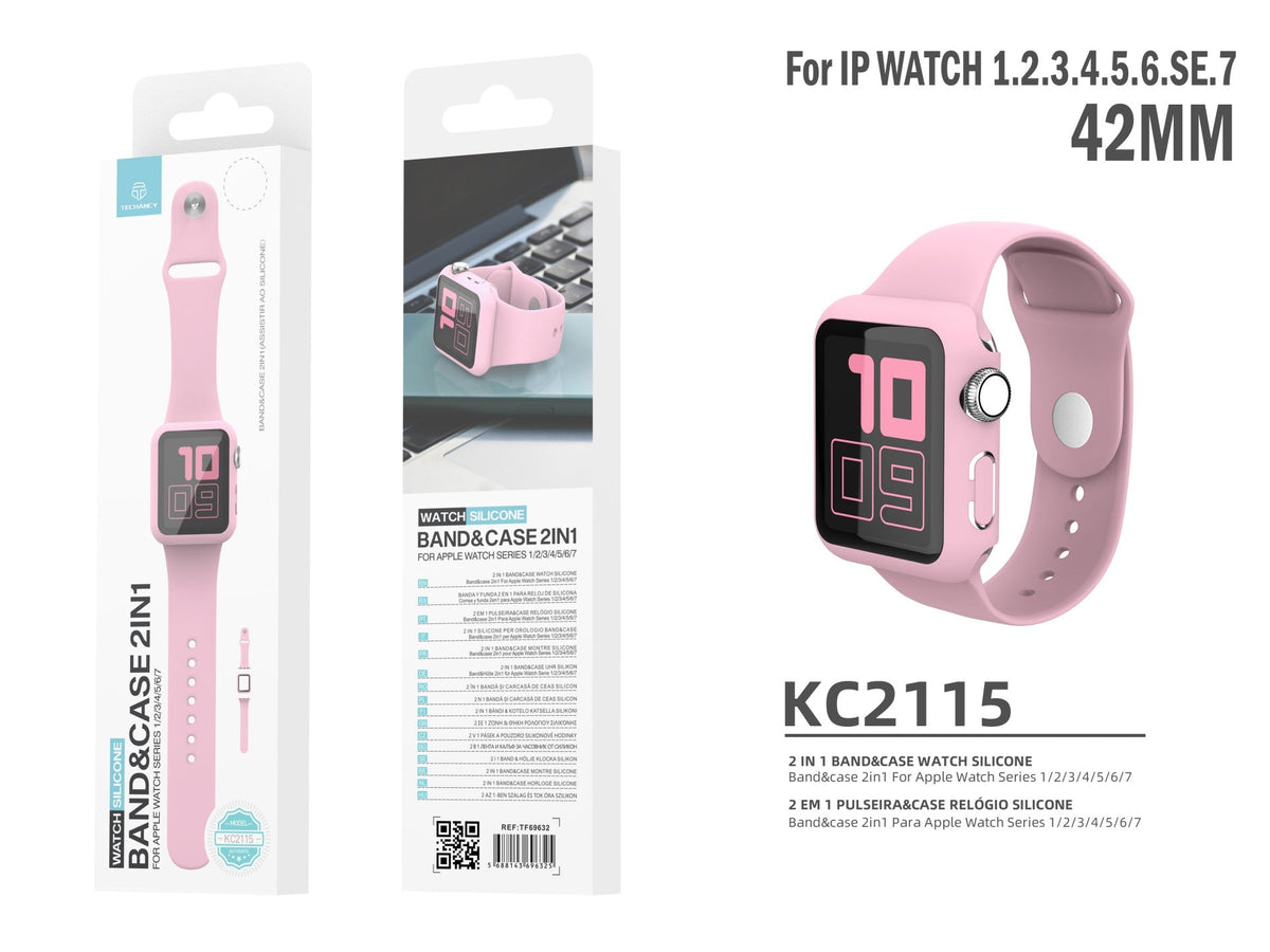 Pulseira de silicone para relógio Techancy, KC2115, com protetor de ecrã, compatível com Apple Watch 42 mm, rosa